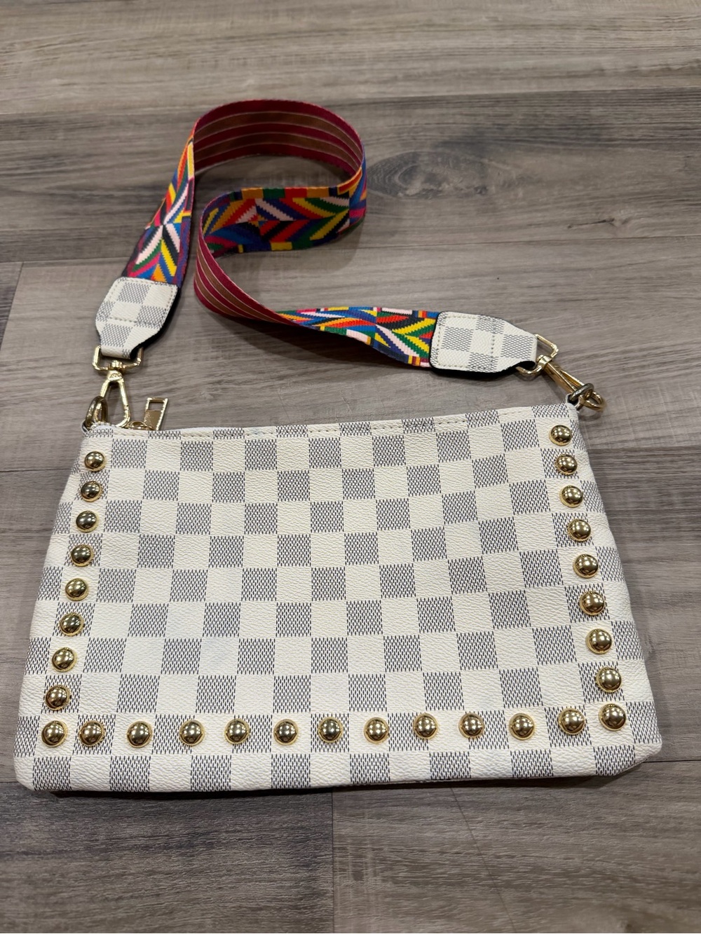 White Checkered Stud Accent Shoulder Purse with Colorful Strap